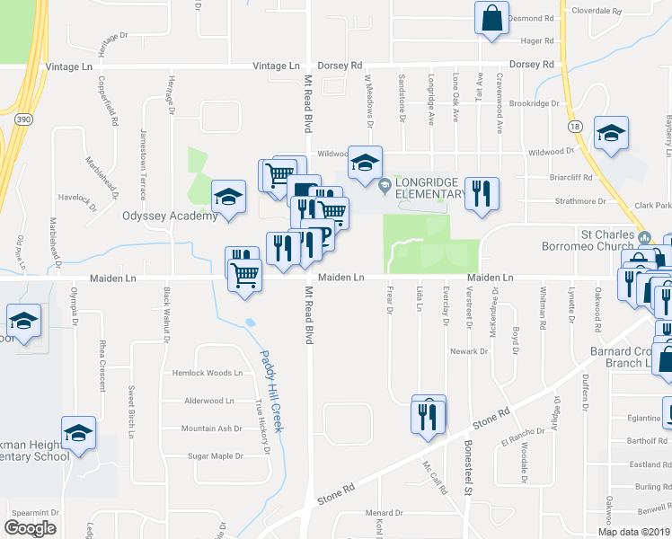 map of restaurants, bars, coffee shops, grocery stores, and more near 574 Maiden Lane in Rochester