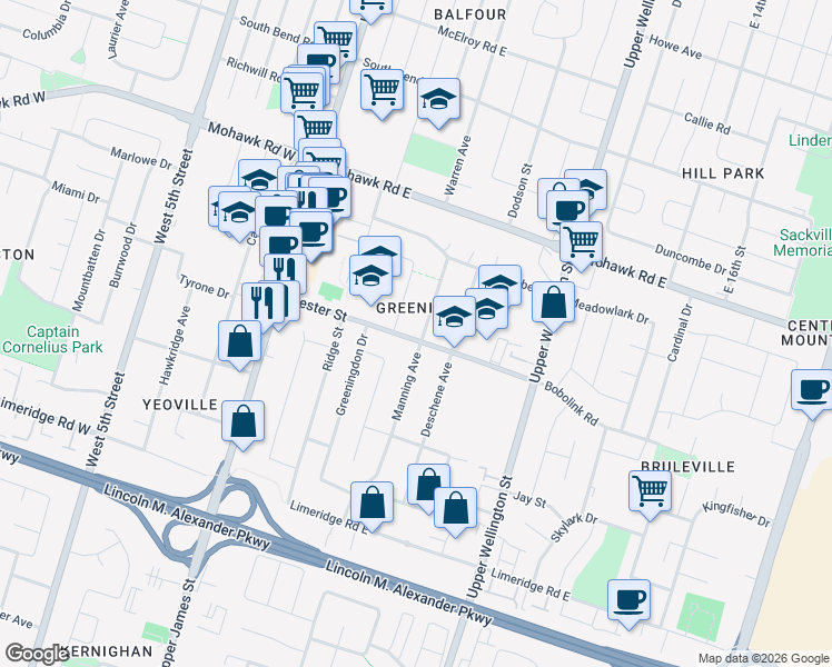 map of restaurants, bars, coffee shops, grocery stores, and more near 84 Manning Avenue in Hamilton
