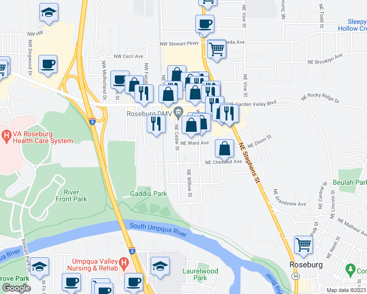 map of restaurants, bars, coffee shops, grocery stores, and more near 247 Northeast Ward Avenue in Roseburg