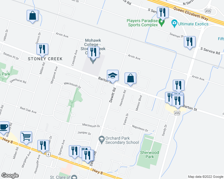 map of restaurants, bars, coffee shops, grocery stores, and more near 291 Dewitt Road in Hamilton