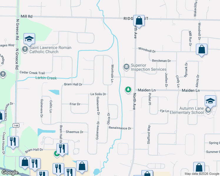 map of restaurants, bars, coffee shops, grocery stores, and more near 276 Montvale Lane in Rochester