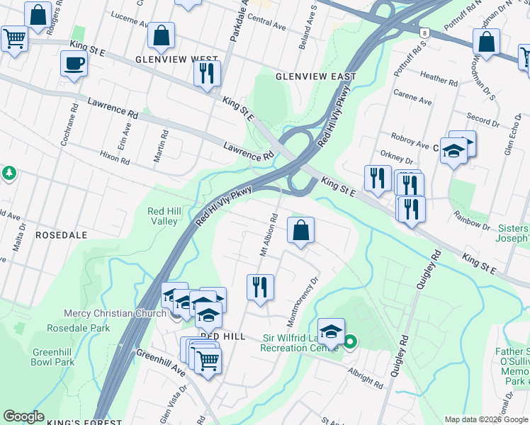 map of restaurants, bars, coffee shops, grocery stores, and more near 262 Hixon Road in Hamilton