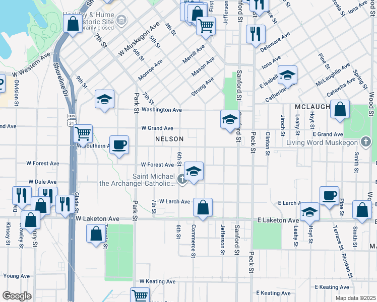 map of restaurants, bars, coffee shops, grocery stores, and more near 247 West Southern Avenue in Muskegon