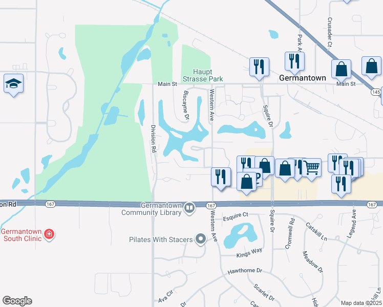 map of restaurants, bars, coffee shops, grocery stores, and more near W168 N11351 Stone Way in Germantown