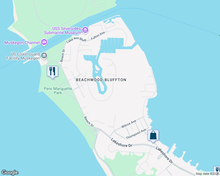 map of restaurants, bars, coffee shops, grocery stores, and more near 1623 East Harbour Towne Circle in Muskegon