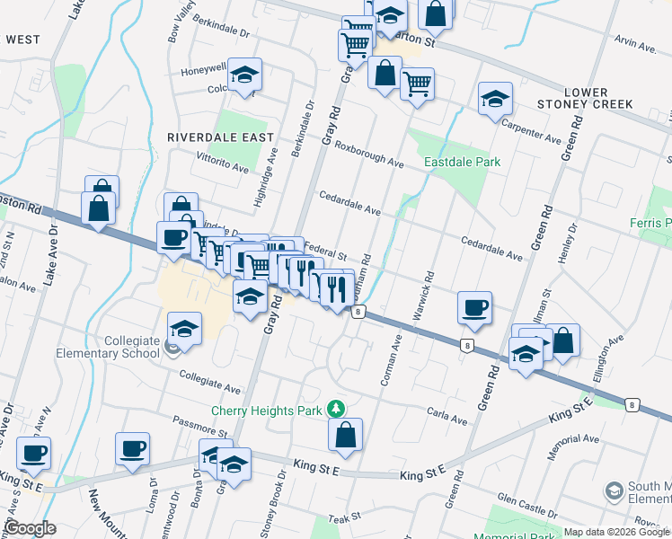 map of restaurants, bars, coffee shops, grocery stores, and more near 16 Blenheim Drive in Hamilton