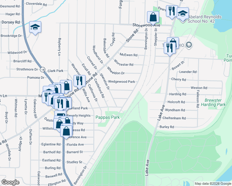 map of restaurants, bars, coffee shops, grocery stores, and more near 85 Chippendale Road in Rochester