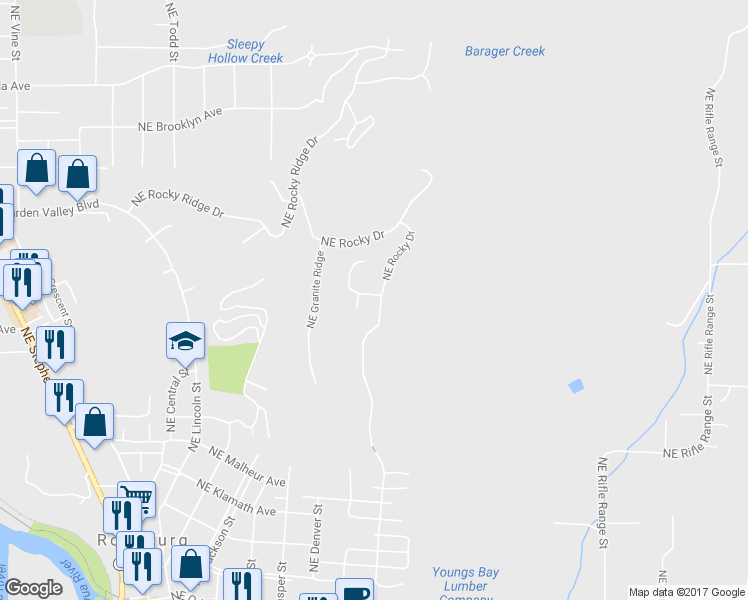 map of restaurants, bars, coffee shops, grocery stores, and more near 1698 Northeast Rocky Drive in Roseburg