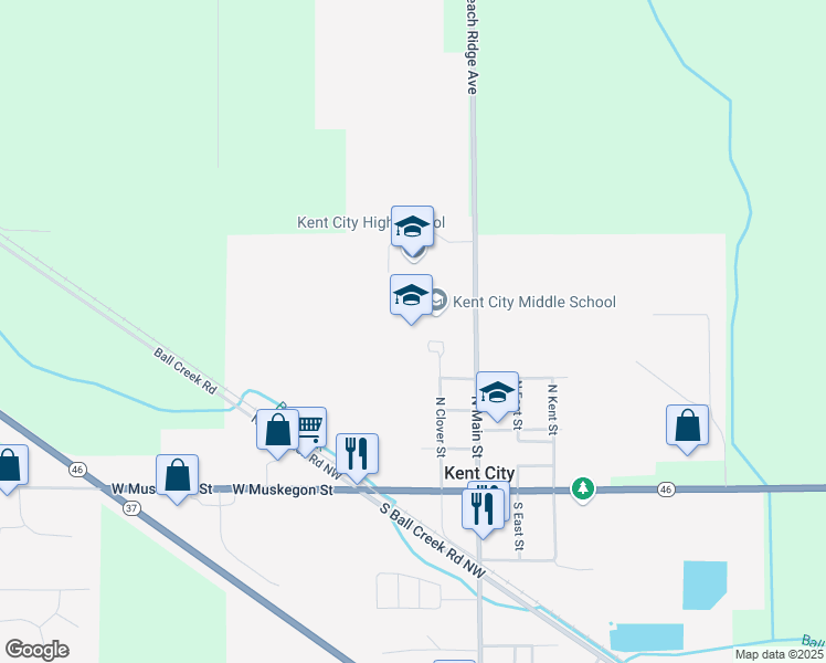 map of restaurants, bars, coffee shops, grocery stores, and more near 285 North Main Street in Kent City