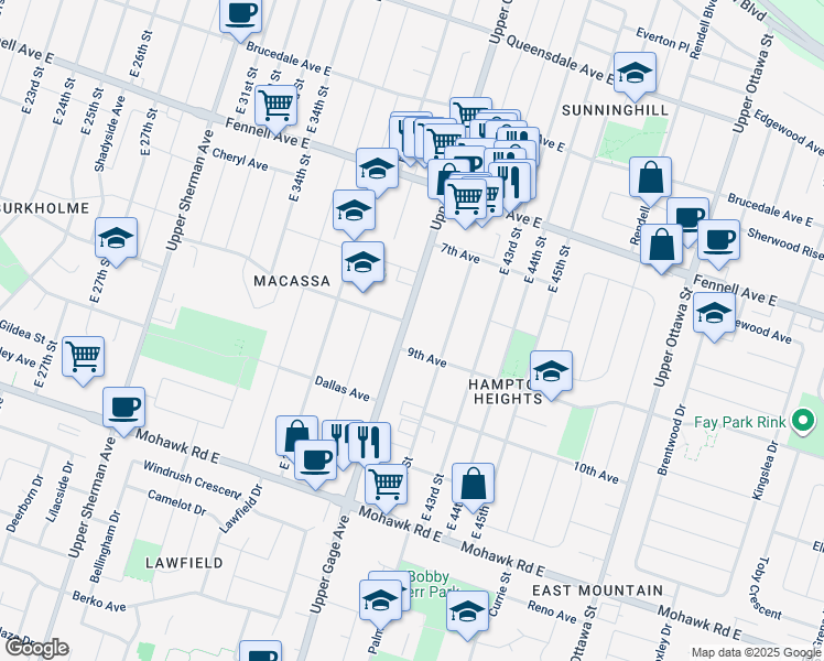 map of restaurants, bars, coffee shops, grocery stores, and more near 745 Upper Gage Avenue in Hamilton