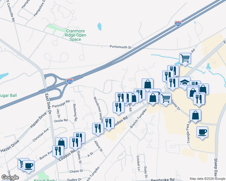 map of restaurants, bars, coffee shops, grocery stores, and more near 44 Pine Acres Road in Concord
