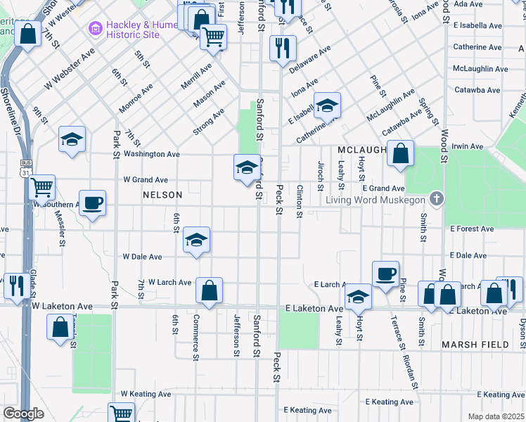 map of restaurants, bars, coffee shops, grocery stores, and more near 1562 Sanford Street in Muskegon