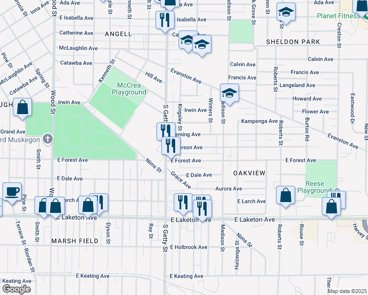 map of restaurants, bars, coffee shops, grocery stores, and more near 865 Emerson Avenue in Muskegon
