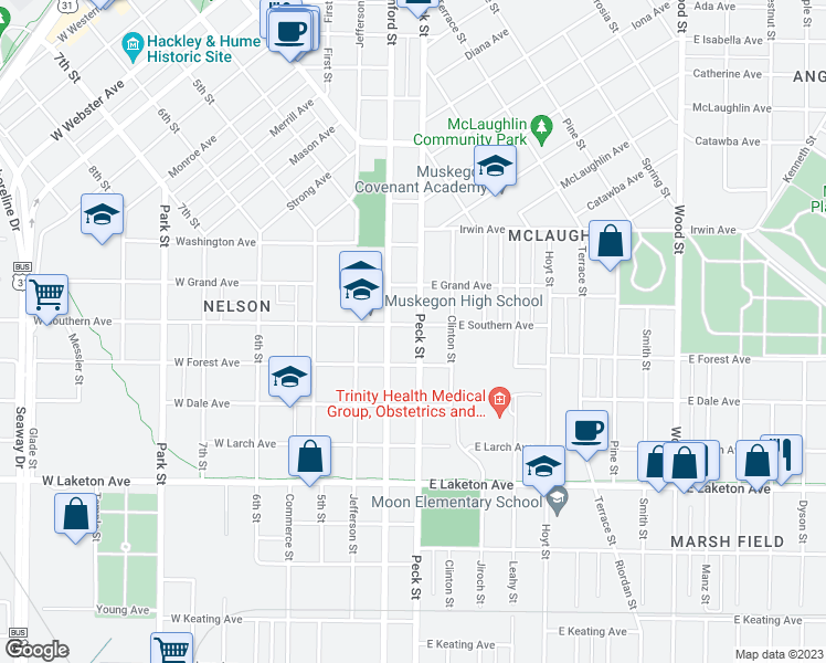 map of restaurants, bars, coffee shops, grocery stores, and more near 1561 Peck Street in Muskegon