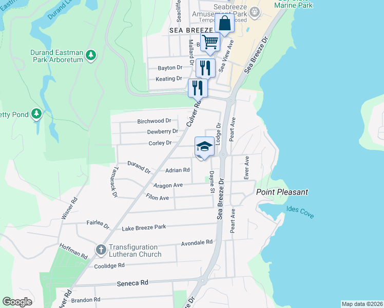 map of restaurants, bars, coffee shops, grocery stores, and more near 88 Point Pleasant Road in Irondequoit