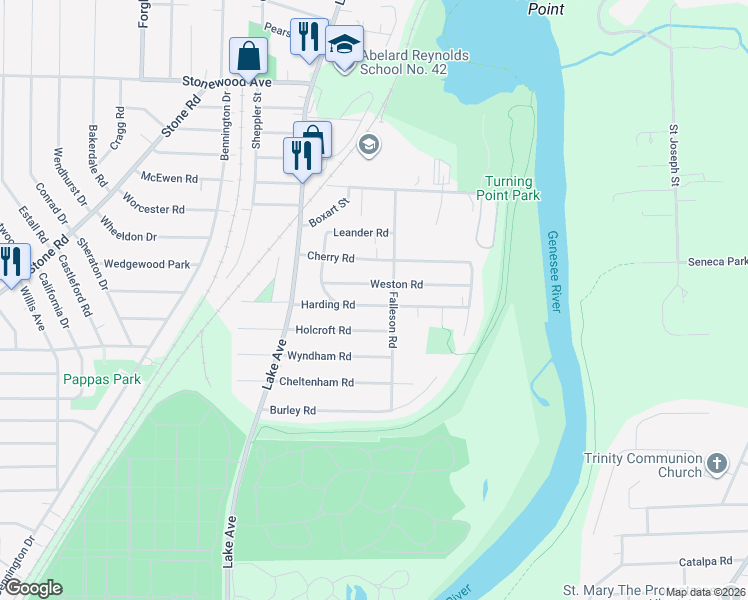 map of restaurants, bars, coffee shops, grocery stores, and more near 124 Harding Road in Rochester