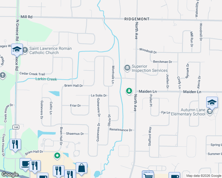 map of restaurants, bars, coffee shops, grocery stores, and more near 276 Montvale Lane in Rochester