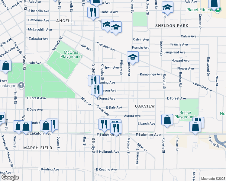 map of restaurants, bars, coffee shops, grocery stores, and more near 920 Emerson Avenue in Muskegon