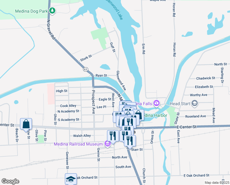 map of restaurants, bars, coffee shops, grocery stores, and more near 200 North Main Street in Medina