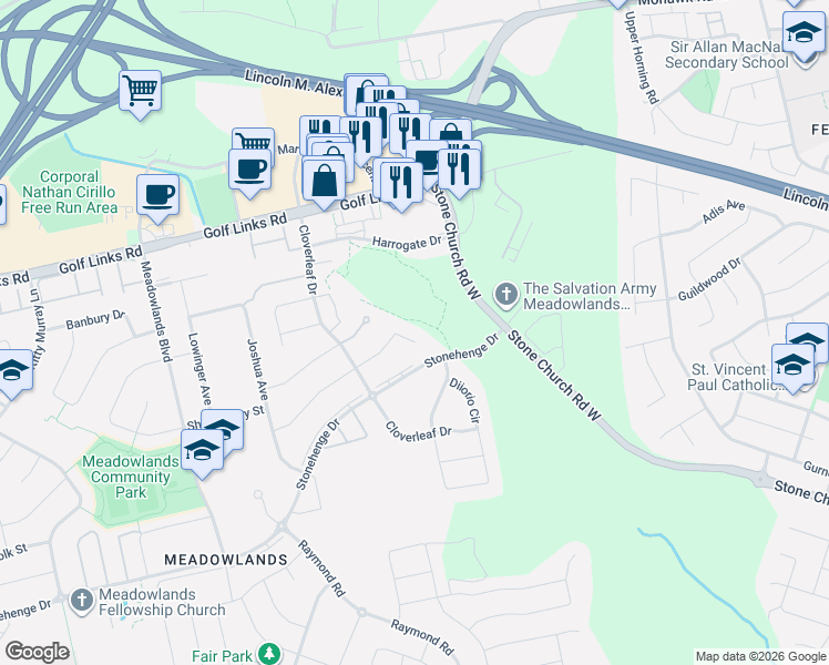 map of restaurants, bars, coffee shops, grocery stores, and more near 15 Playfair Court in Hamilton