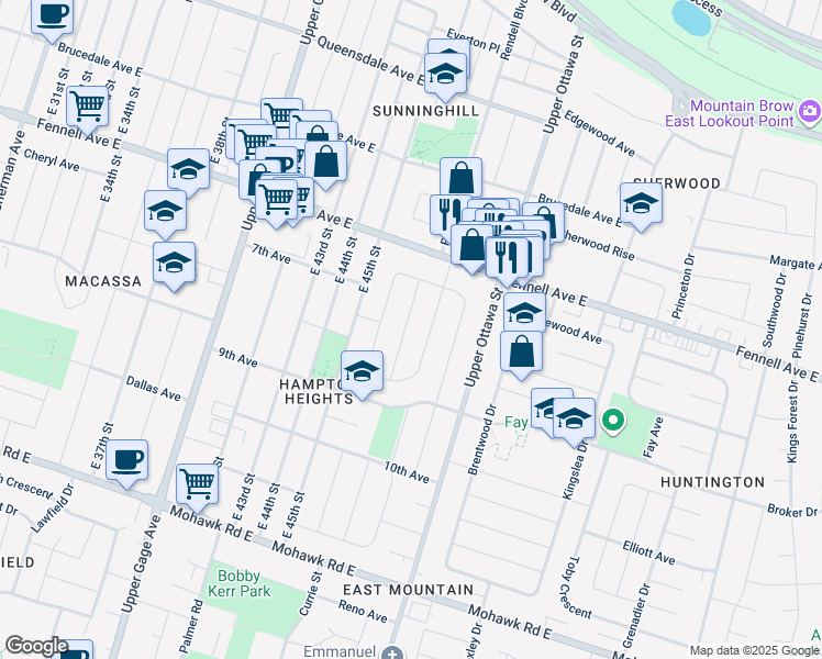 map of restaurants, bars, coffee shops, grocery stores, and more near 33 Greenwood Street in Hamilton