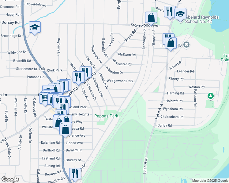 map of restaurants, bars, coffee shops, grocery stores, and more near 85 Chippendale Rd in Rochester