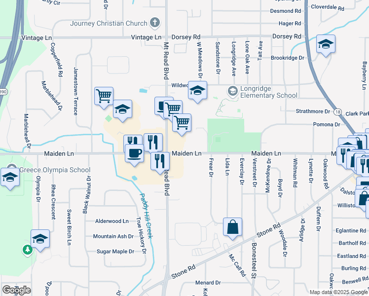 map of restaurants, bars, coffee shops, grocery stores, and more near 574 Maiden Lane in Rochester