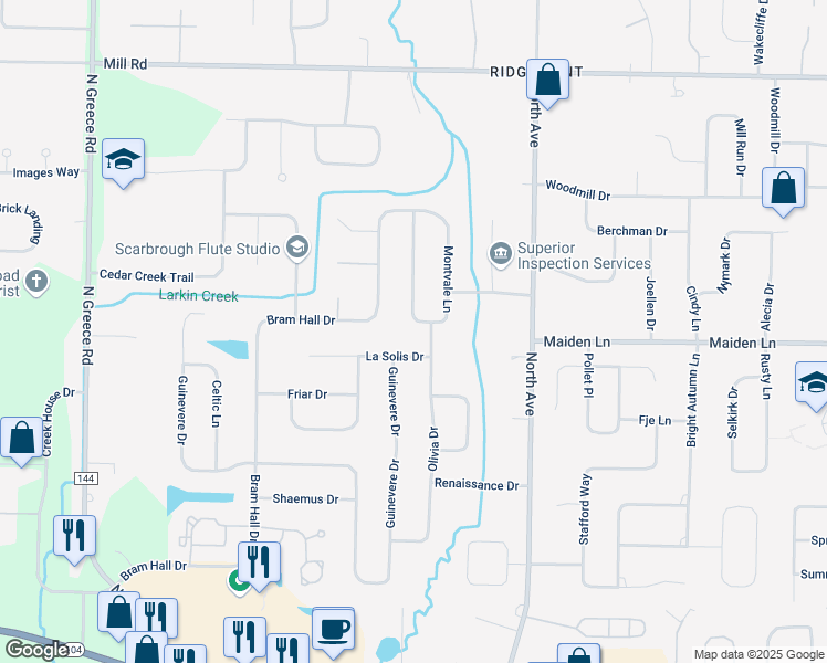 map of restaurants, bars, coffee shops, grocery stores, and more near 218 Montvale Ln in Rochester