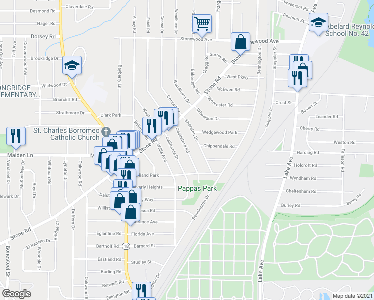 map of restaurants, bars, coffee shops, grocery stores, and more near 81 Castleford Road in Rochester