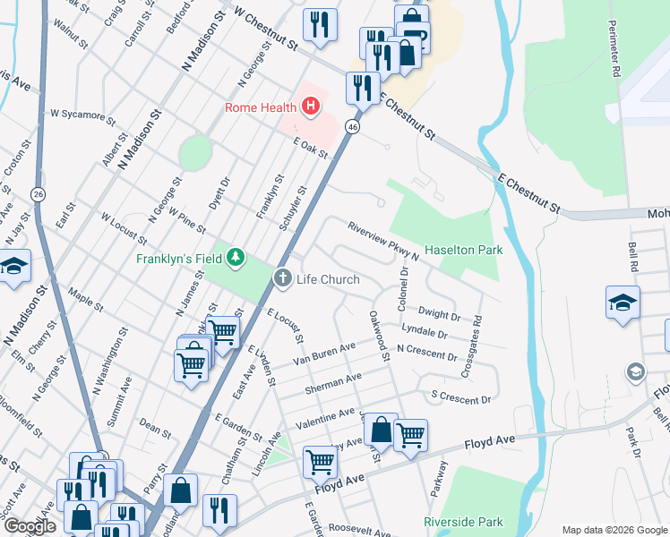 map of restaurants, bars, coffee shops, grocery stores, and more near 114 Victory Drive in Rome