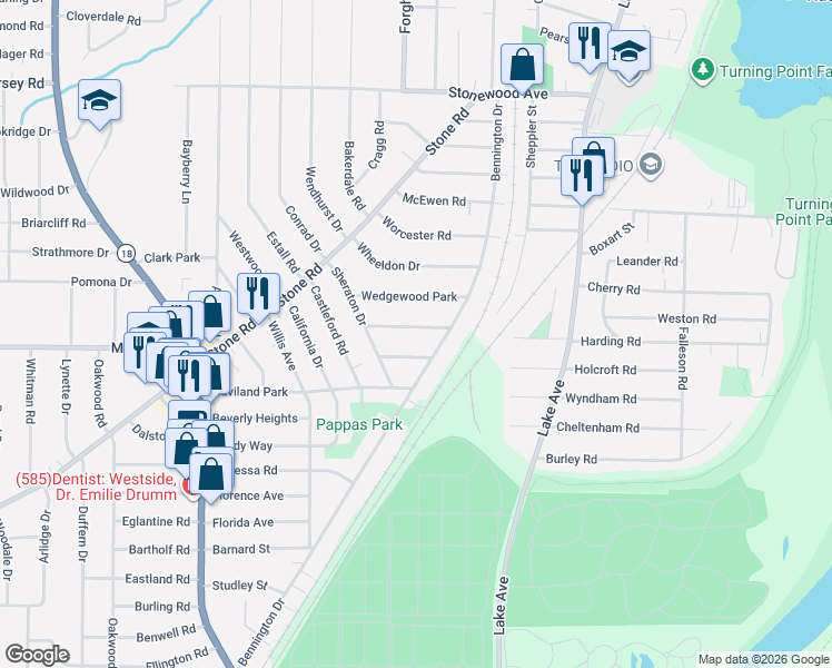 map of restaurants, bars, coffee shops, grocery stores, and more near 33 Chippendale Road in Rochester