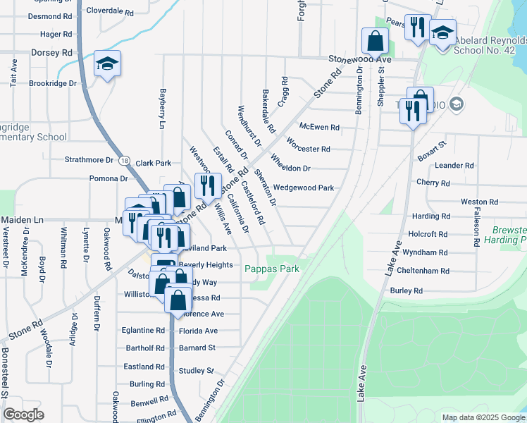 map of restaurants, bars, coffee shops, grocery stores, and more near 61 Castleford Road in Rochester