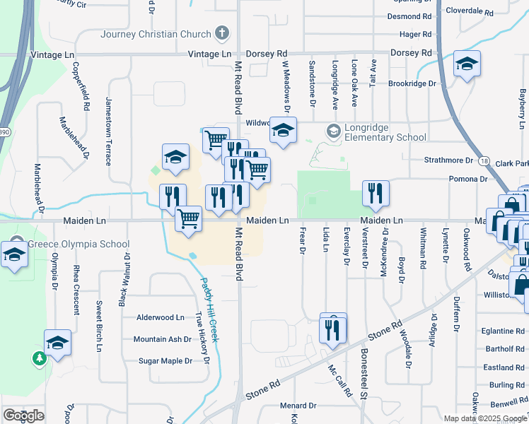 map of restaurants, bars, coffee shops, grocery stores, and more near 574 Maiden Lane in Rochester