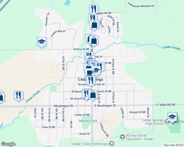 map of restaurants, bars, coffee shops, grocery stores, and more near in Cedar Springs