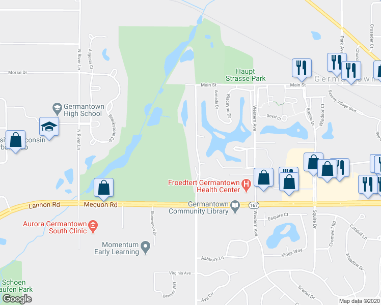 map of restaurants, bars, coffee shops, grocery stores, and more near W172N11373 Division Road in Germantown