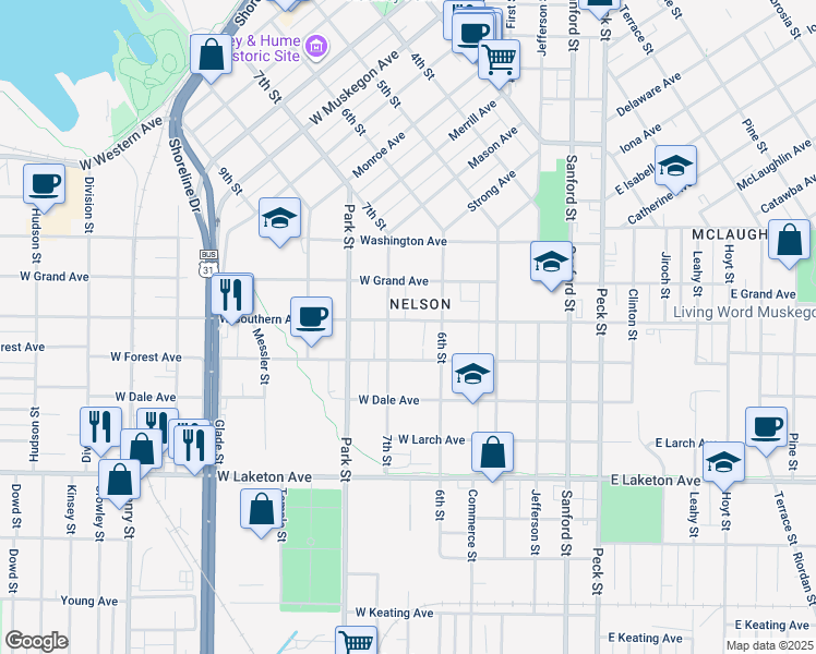 map of restaurants, bars, coffee shops, grocery stores, and more near 329 West Southern Avenue in Muskegon