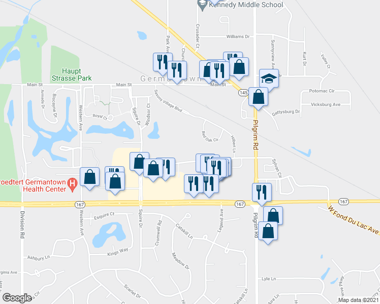 map of restaurants, bars, coffee shops, grocery stores, and more near N114W16050 Sylvan Circle in Germantown