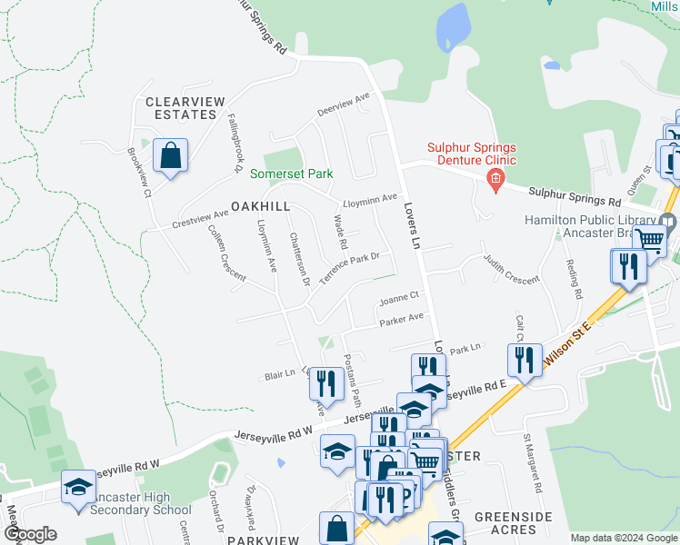 map of restaurants, bars, coffee shops, grocery stores, and more near 78 Terrence Park Drive in Hamilton