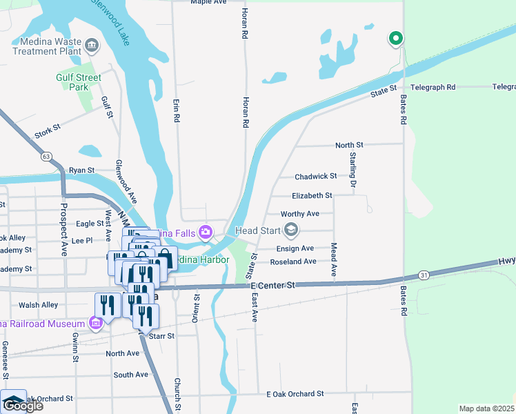 map of restaurants, bars, coffee shops, grocery stores, and more near 177 State St in Medina