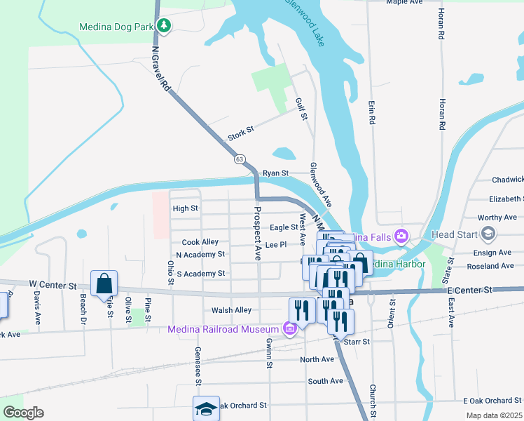 map of restaurants, bars, coffee shops, grocery stores, and more near 209 Prospect Avenue in Medina