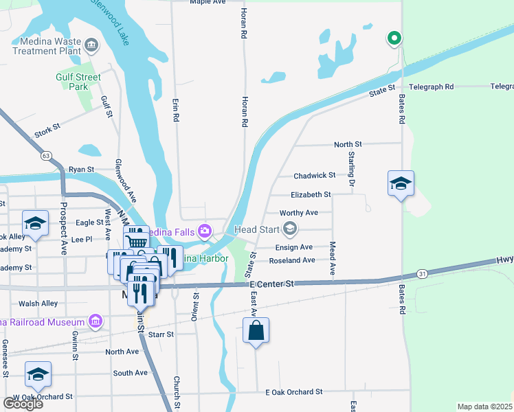 map of restaurants, bars, coffee shops, grocery stores, and more near 177 State Street in Medina