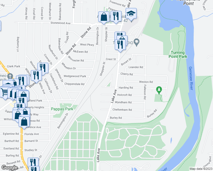 map of restaurants, bars, coffee shops, grocery stores, and more near 1 Boulevard Pkwy Rmp in Rochester