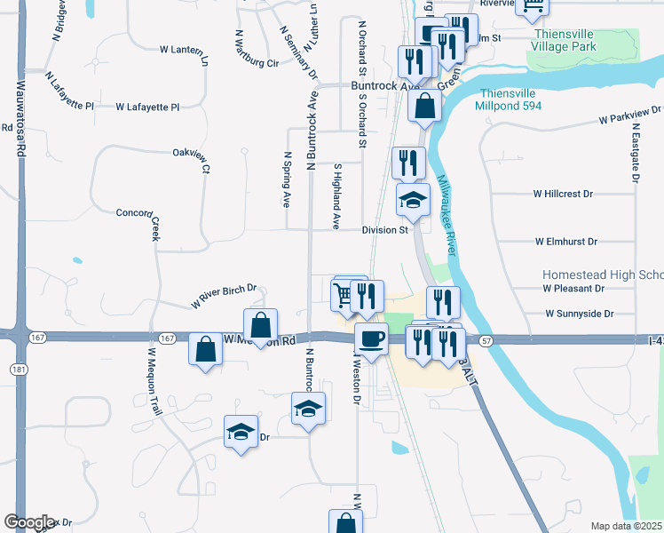 map of restaurants, bars, coffee shops, grocery stores, and more near 11352 North Buntrock Avenue in Mequon