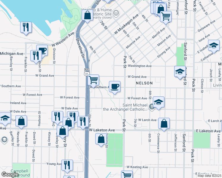 map of restaurants, bars, coffee shops, grocery stores, and more near 509 West Southern Avenue in Muskegon