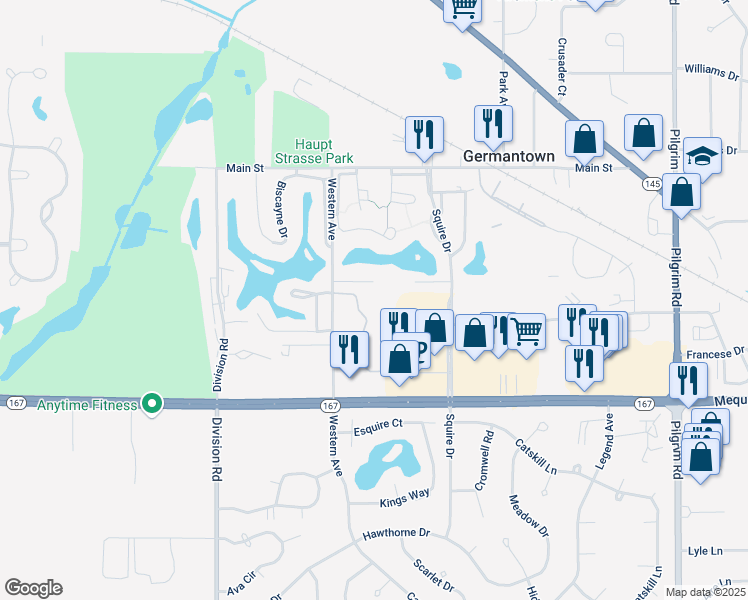 map of restaurants, bars, coffee shops, grocery stores, and more near W168N11374 Western Avenue in Germantown