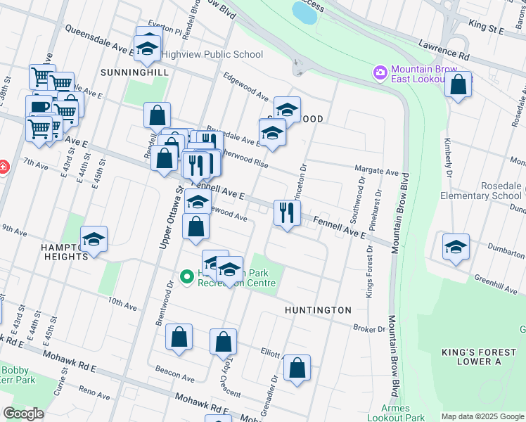 map of restaurants, bars, coffee shops, grocery stores, and more near 1212 Fennell Avenue East in Hamilton