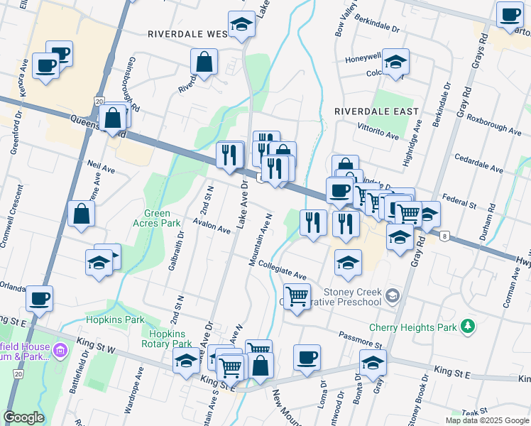 map of restaurants, bars, coffee shops, grocery stores, and more near 93 Mountain Avenue North in Hamilton