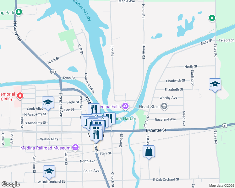 map of restaurants, bars, coffee shops, grocery stores, and more near 110 Erin Road in Medina