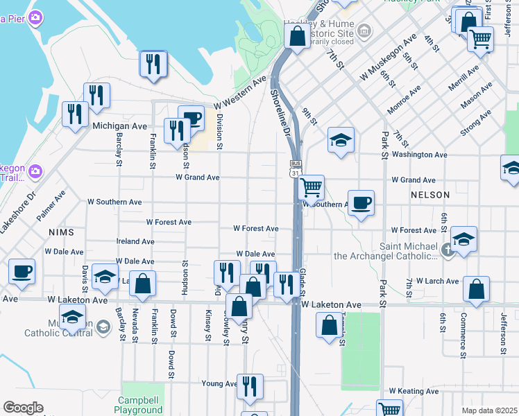 map of restaurants, bars, coffee shops, grocery stores, and more near 767 West Southern Avenue in Muskegon