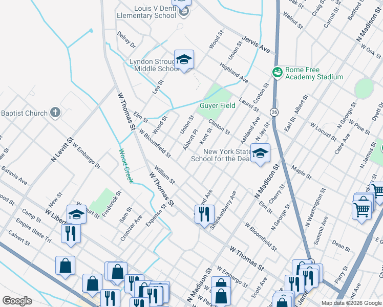 map of restaurants, bars, coffee shops, grocery stores, and more near 617 Elm Street in Rome